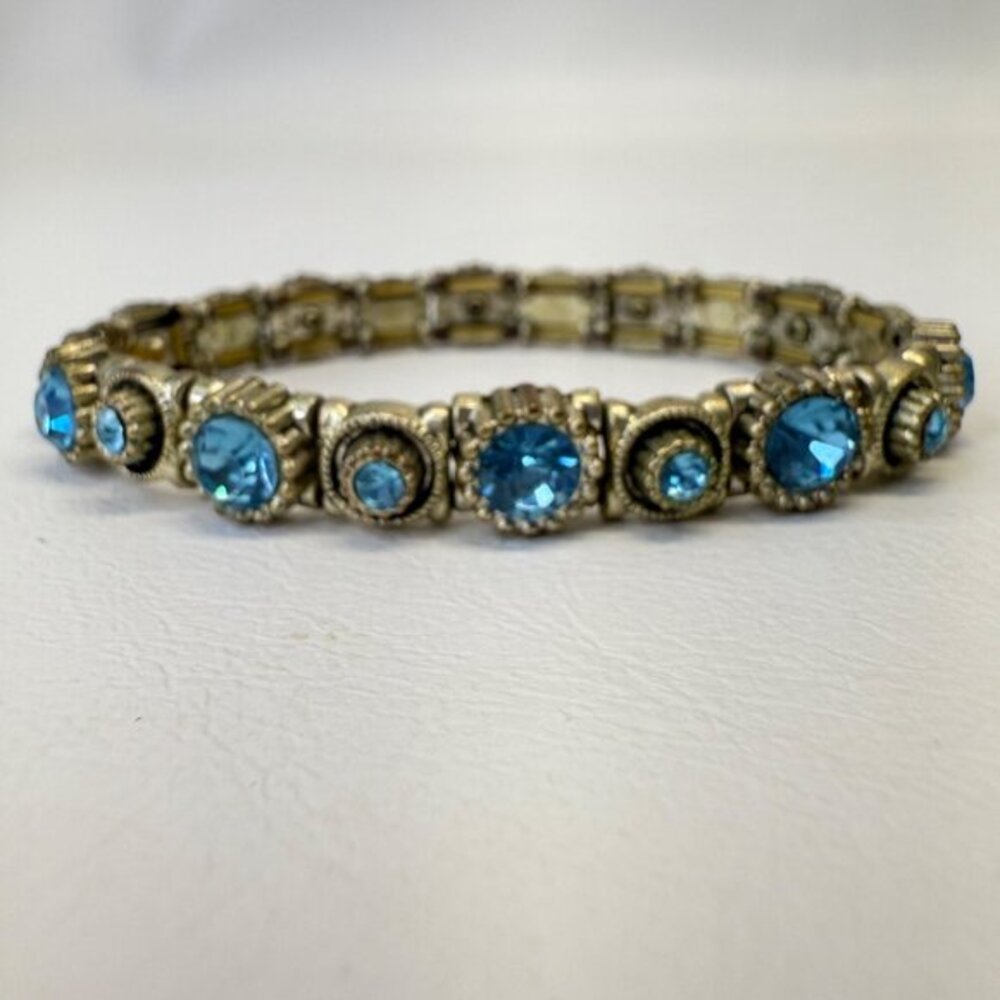 Blue Rhinestone Stretch Bracelet Silver-Tone Retro‎ Vintage Look Classic